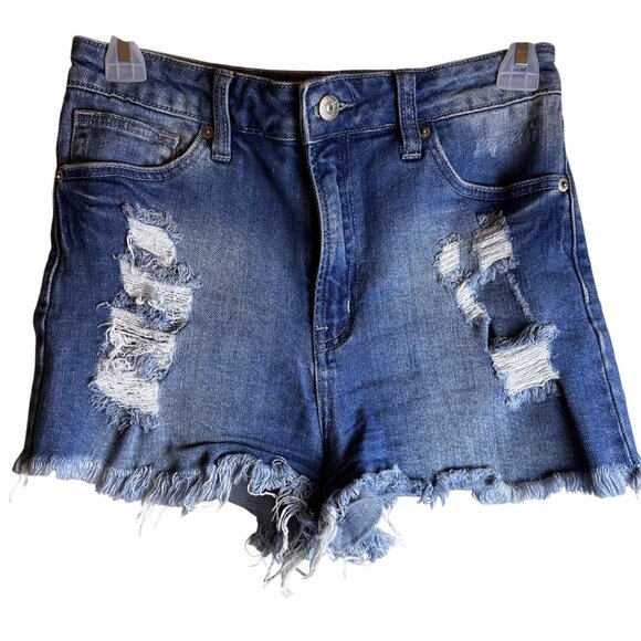 JustUsa Distressed Denim Shorts Womens High-Waisted Blue Jean Shorts Sz M - Picture 1 of 9